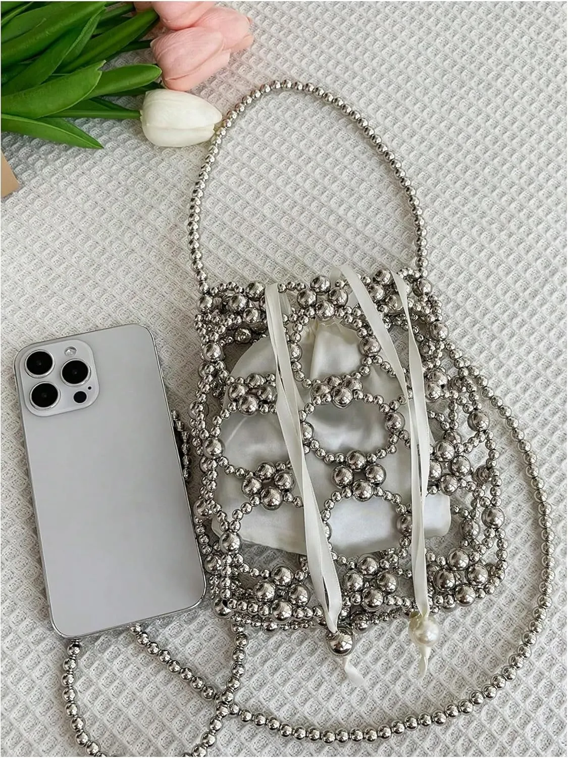 Verdusa Women's Metallic Beaded Crossbody Bag Hollow Out Drawstring Handbags