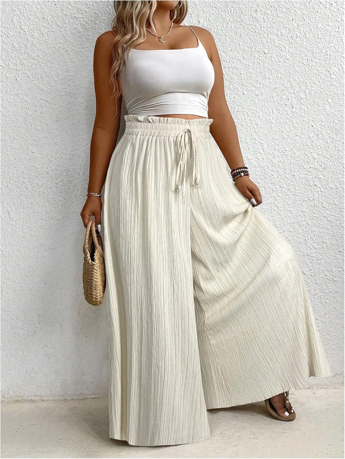 Verdusa Women's Plus Size Wide Leg Palazzo Pants Paperbag High Waisted Loose Trousers