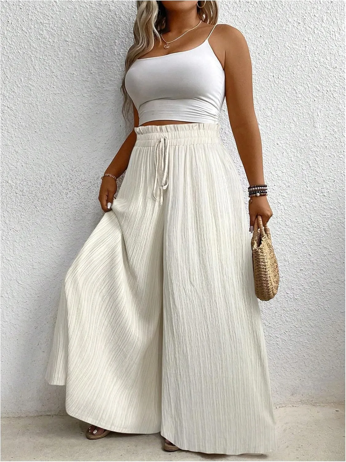 Verdusa Women's Plus Size Wide Leg Palazzo Pants Paperbag High Waisted Loose Trousers