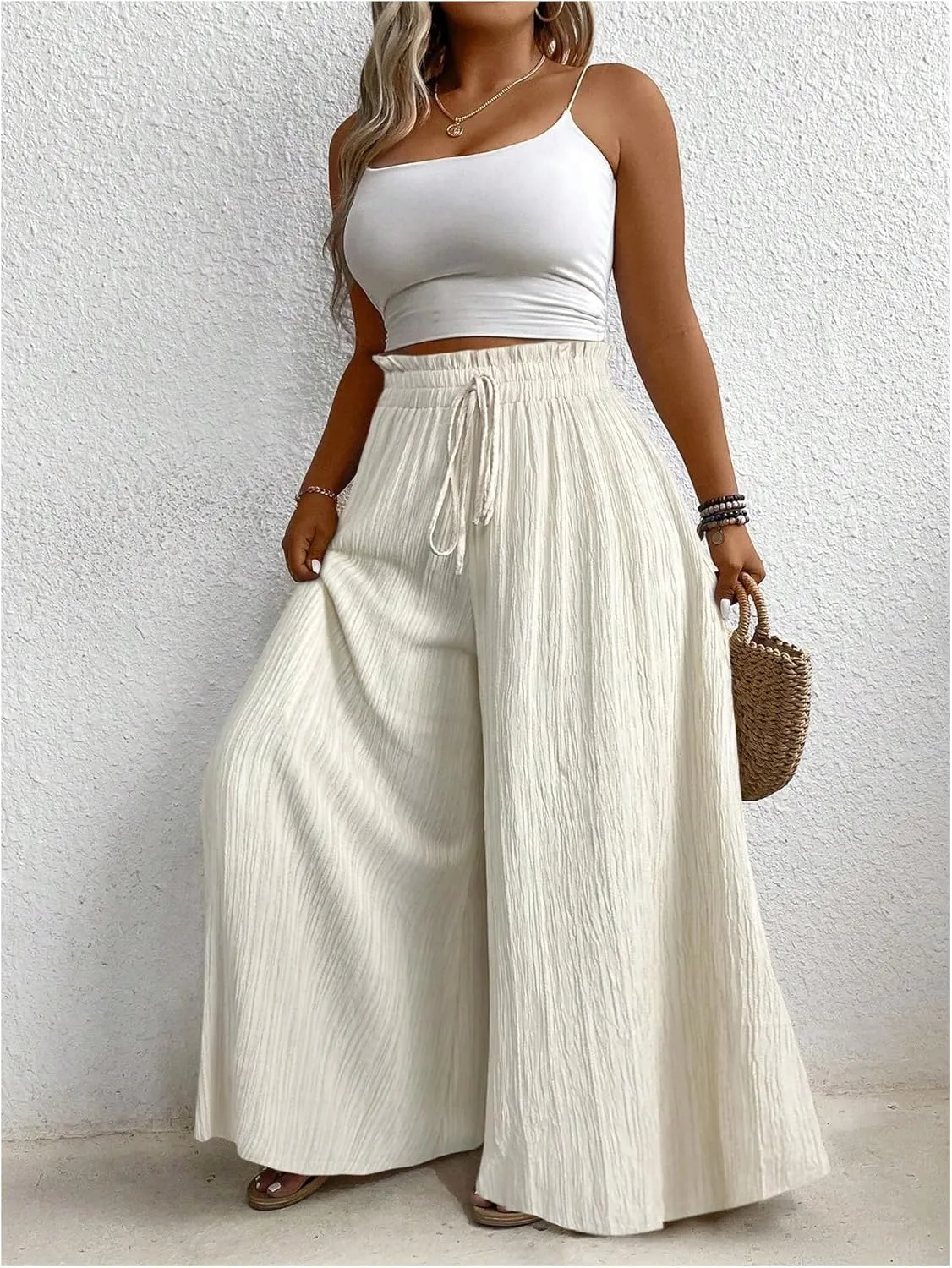 Verdusa Women's Plus Size Wide Leg Palazzo Pants Paperbag High Waisted Loose Trousers