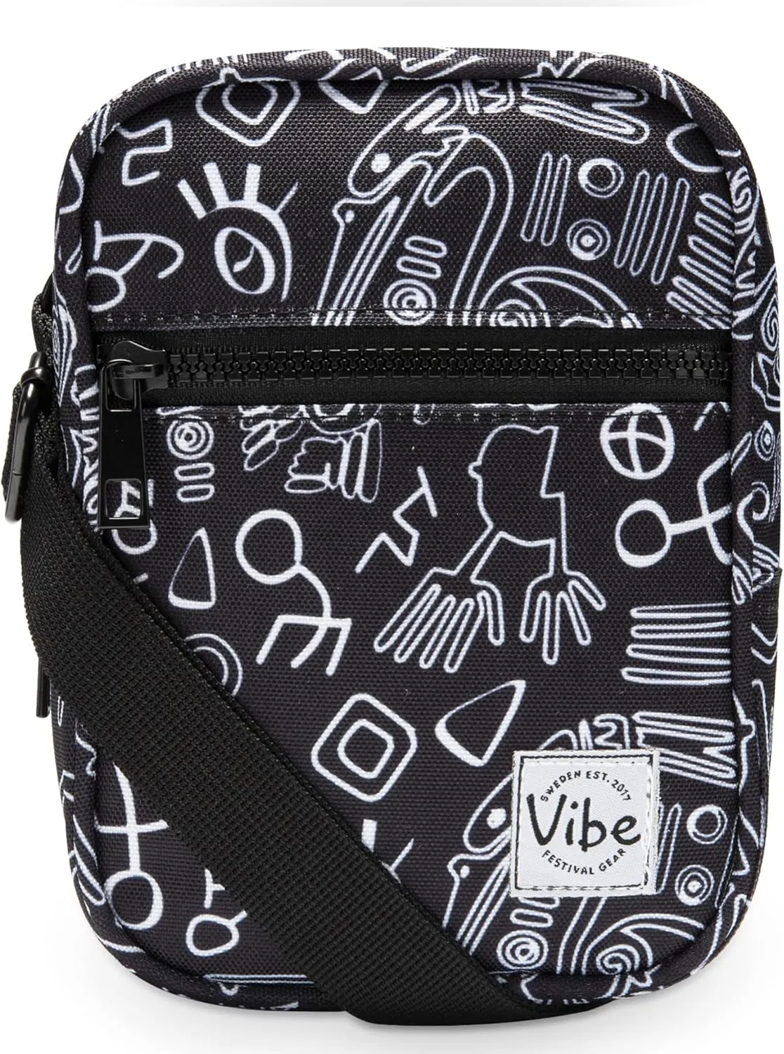 Vibe Festival Gear Small Crossbody Sling Bag for Women Men 5in1 Multi-Use from (rPET) Recycled Polyester Belt Bag Cross Body Backpack Fanny Pack Purse - Black & White Tribal