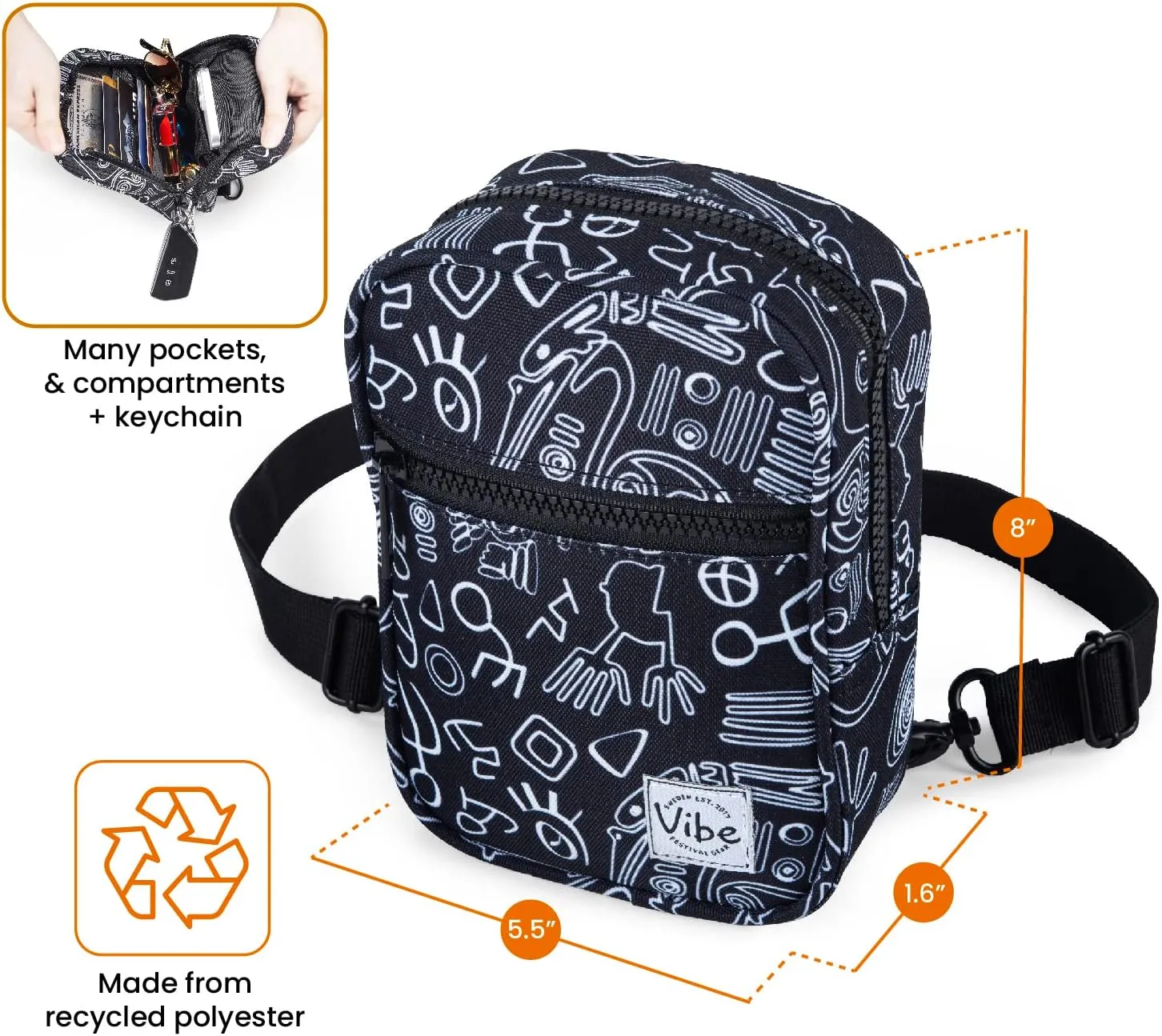Vibe Festival Gear Small Crossbody Sling Bag for Women Men 5in1 Multi-Use from (rPET) Recycled Polyester Belt Bag Cross Body Backpack Fanny Pack Purse - Black & White Tribal