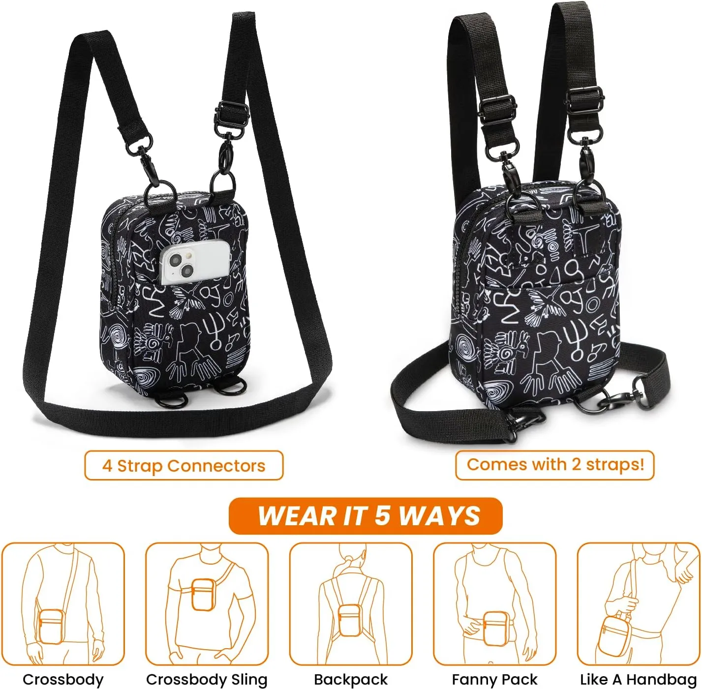 Vibe Festival Gear Small Crossbody Sling Bag for Women Men 5in1 Multi-Use from (rPET) Recycled Polyester Belt Bag Cross Body Backpack Fanny Pack Purse - Black & White Tribal