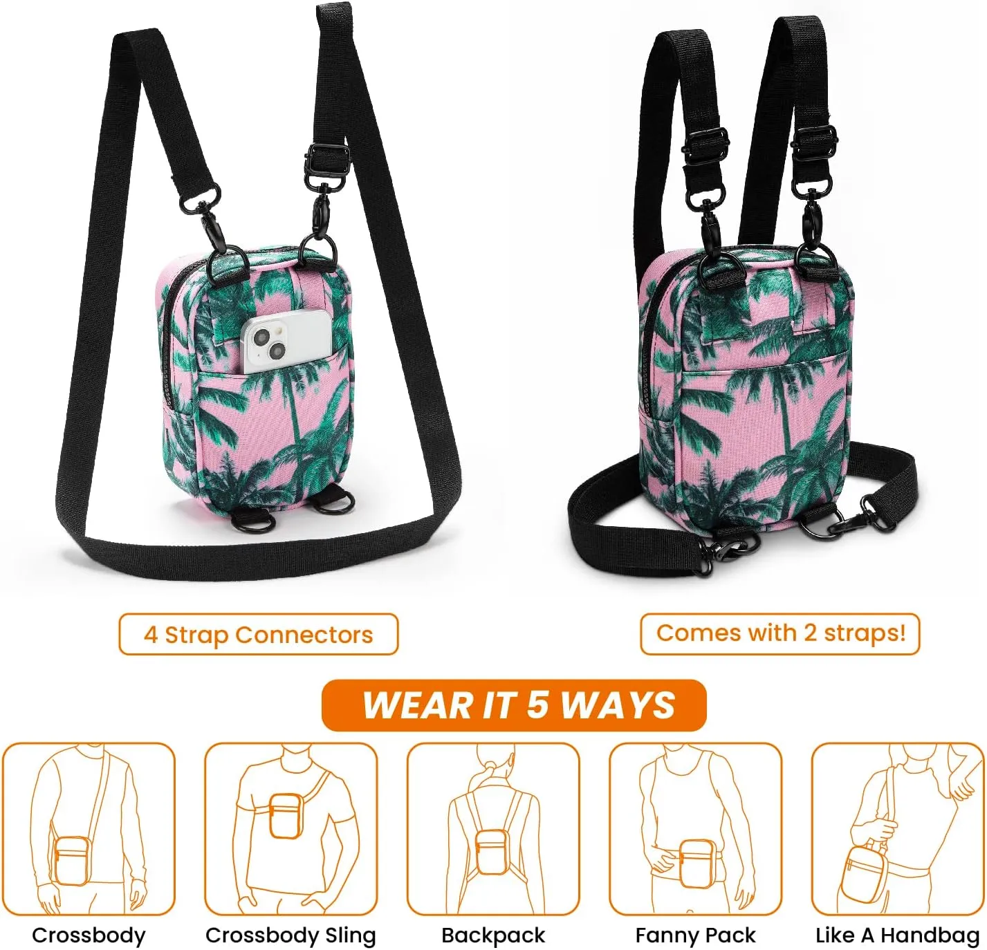 Vibe Festival Gear Small Crossbody Sling Bag for Women Men 5in1 Multi-Use from (rPET) Recycled Polyester Belt Bag Cross Body Backpack Fanny Pack Purse - Pink Tropical Palm Trees