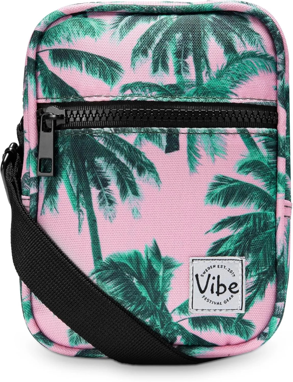 Vibe Festival Gear Small Crossbody Sling Bag for Women Men 5in1 Multi-Use from (rPET) Recycled Polyester Belt Bag Cross Body Backpack Fanny Pack Purse - Pink Tropical Palm Trees