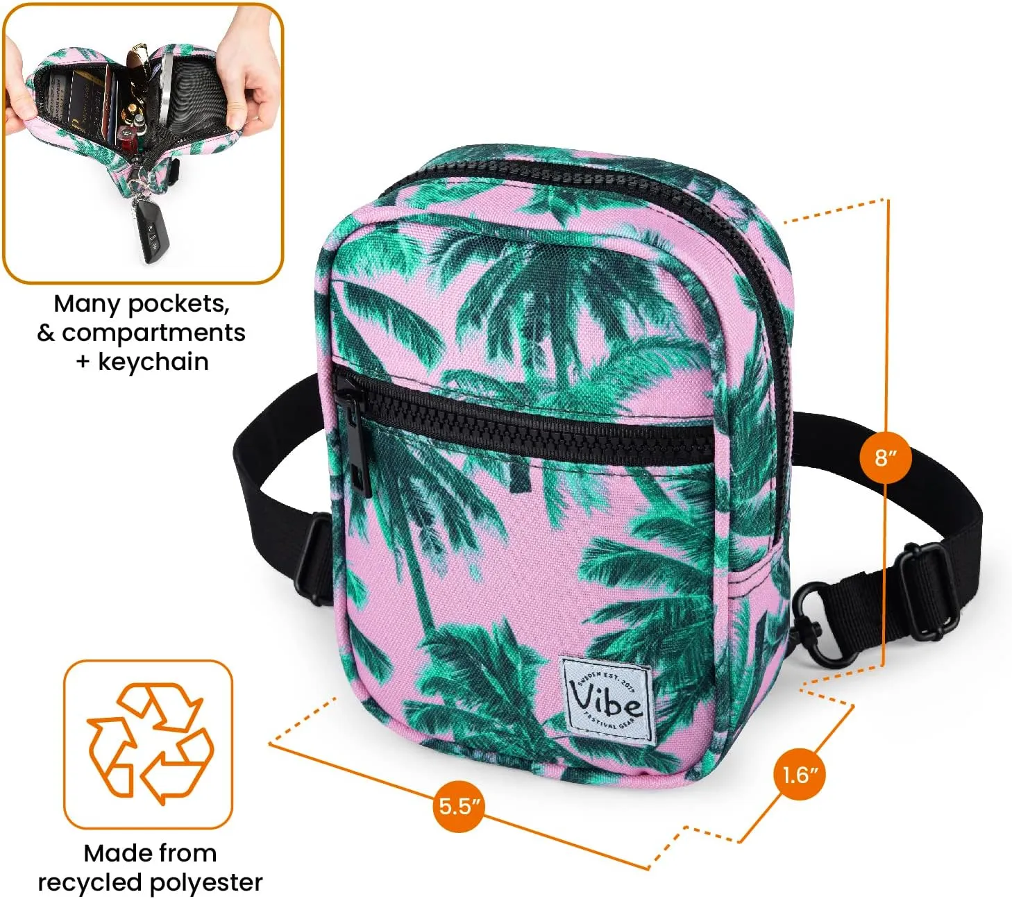 Vibe Festival Gear Small Crossbody Sling Bag for Women Men 5in1 Multi-Use from (rPET) Recycled Polyester Belt Bag Cross Body Backpack Fanny Pack Purse - Pink Tropical Palm Trees