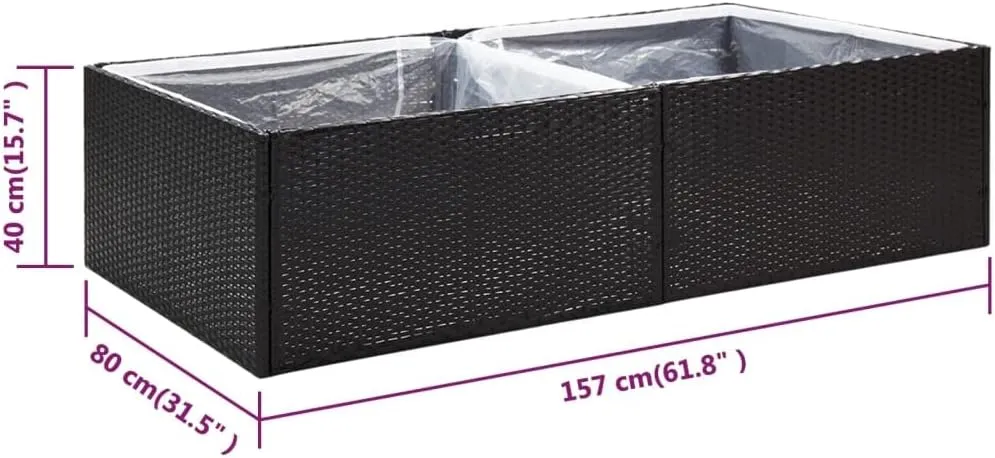 vidaXL Outdoor Garden Planter Bed - Durable Poly Rattan Rectangular Flower Box with Powder-Coated Steel Frame and Inner Nylon Bag - Black