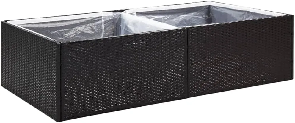 vidaXL Outdoor Garden Planter Bed - Durable Poly Rattan Rectangular Flower Box with Powder-Coated Steel Frame and Inner Nylon Bag - Black