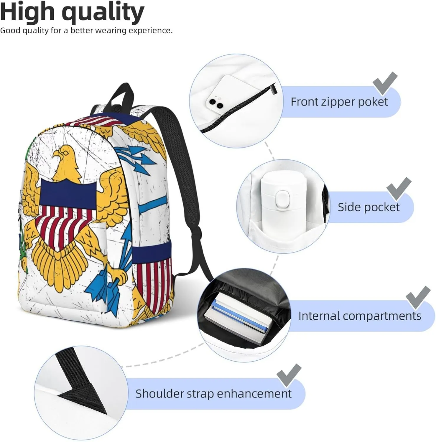 Vintage American Virgin Islands Flag Eagle Canvas Backpacks Laptop Backpack Multipurpose Double Shoulder Bag for Men Women Gifts Small