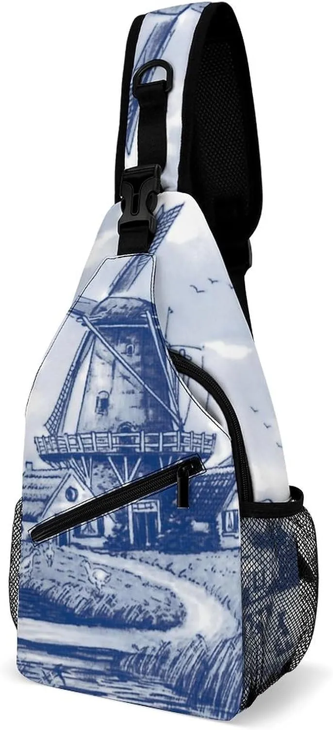 Vintage Blue Nederland Dutch Windmill Delft Sling Bags Men And Women Shoulder Backpack Chest Bag Cross Body Chest Sling Backpack.