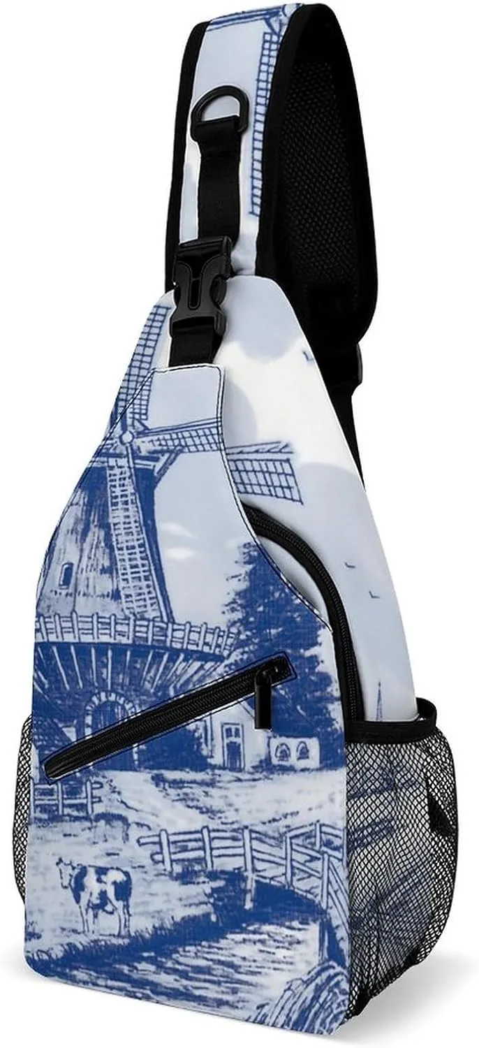 Vintage Blue Nederland Dutch Windmill Delft Sling Bags Men And Women Shoulder Backpack Chest Bag Cross Body Chest Sling Backpack.
