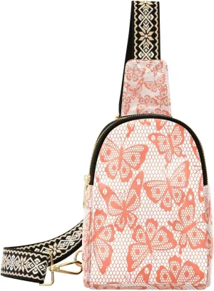 Vintage Butterfly Embroidery Fashion Leather Crossbody Bag for Women Trendy Crossbody Purse Fanny Pack with Adjustable Strap