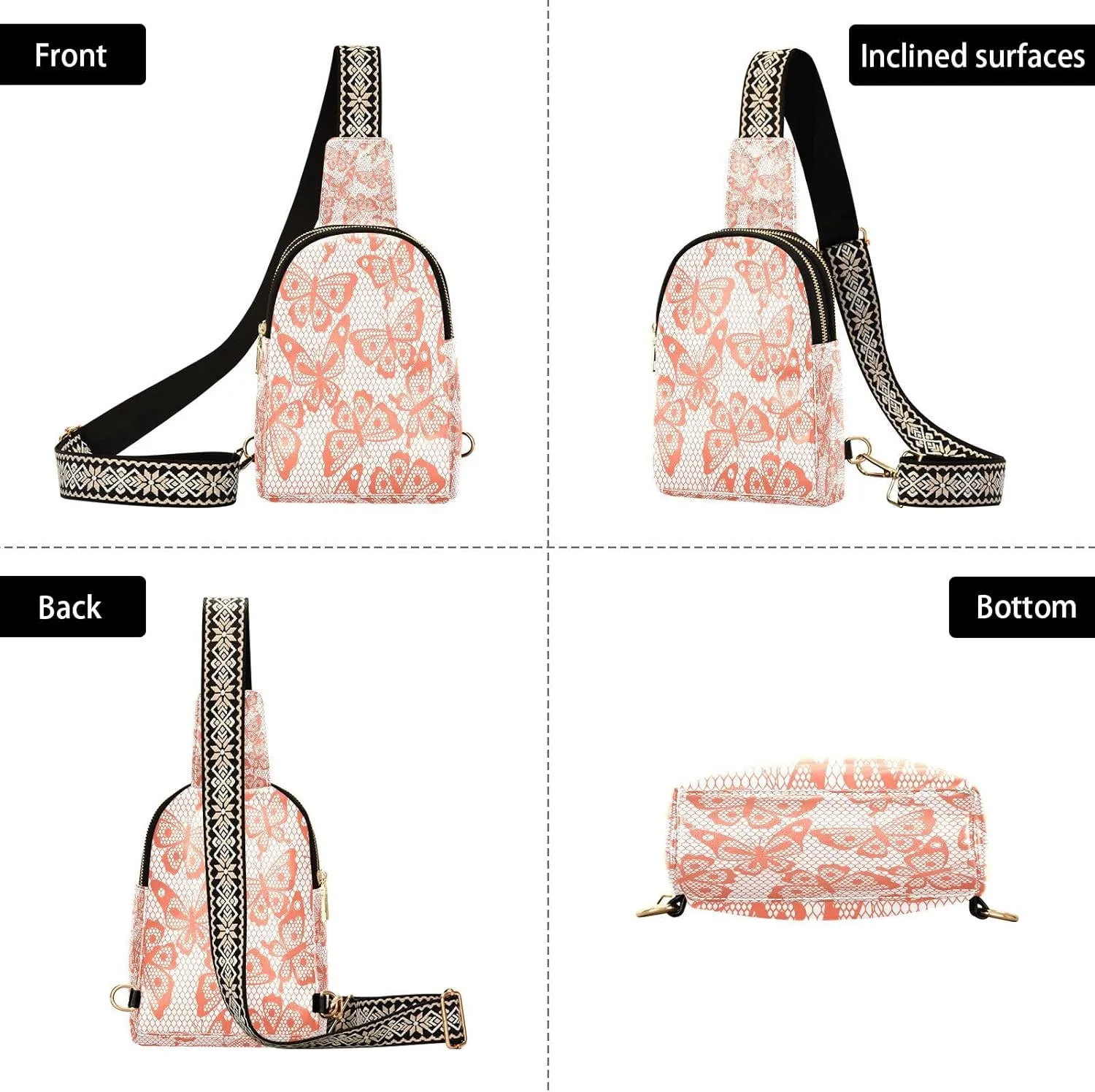 Vintage Butterfly Embroidery Fashion Leather Crossbody Bag for Women Trendy Crossbody Purse Fanny Pack with Adjustable Strap