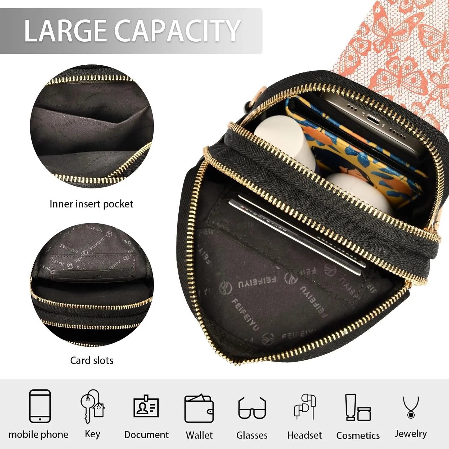 Vintage Butterfly Embroidery Fashion Leather Crossbody Bag for Women Trendy Crossbody Purse Fanny Pack with Adjustable Strap