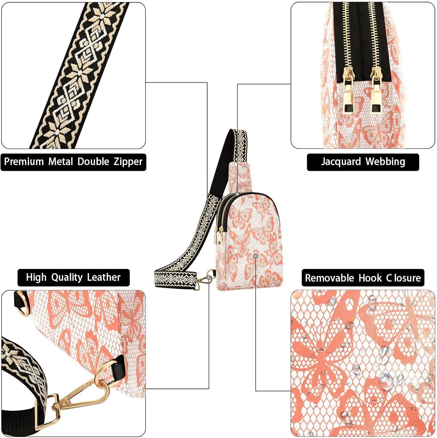 Vintage Butterfly Embroidery Fashion Leather Crossbody Bag for Women Trendy Crossbody Purse Fanny Pack with Adjustable Strap