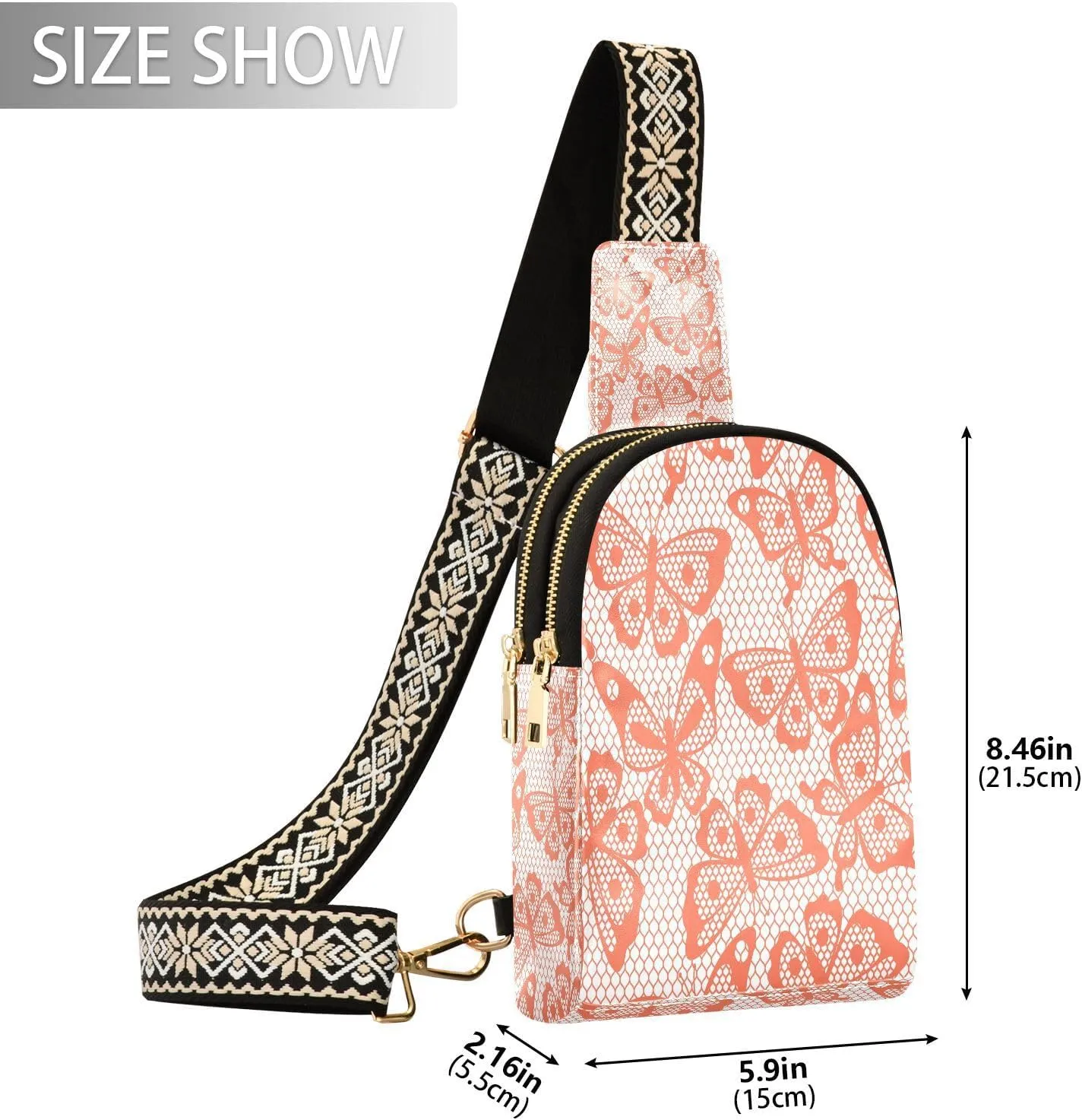 Vintage Butterfly Embroidery Fashion Leather Crossbody Bag for Women Trendy Crossbody Purse Fanny Pack with Adjustable Strap
