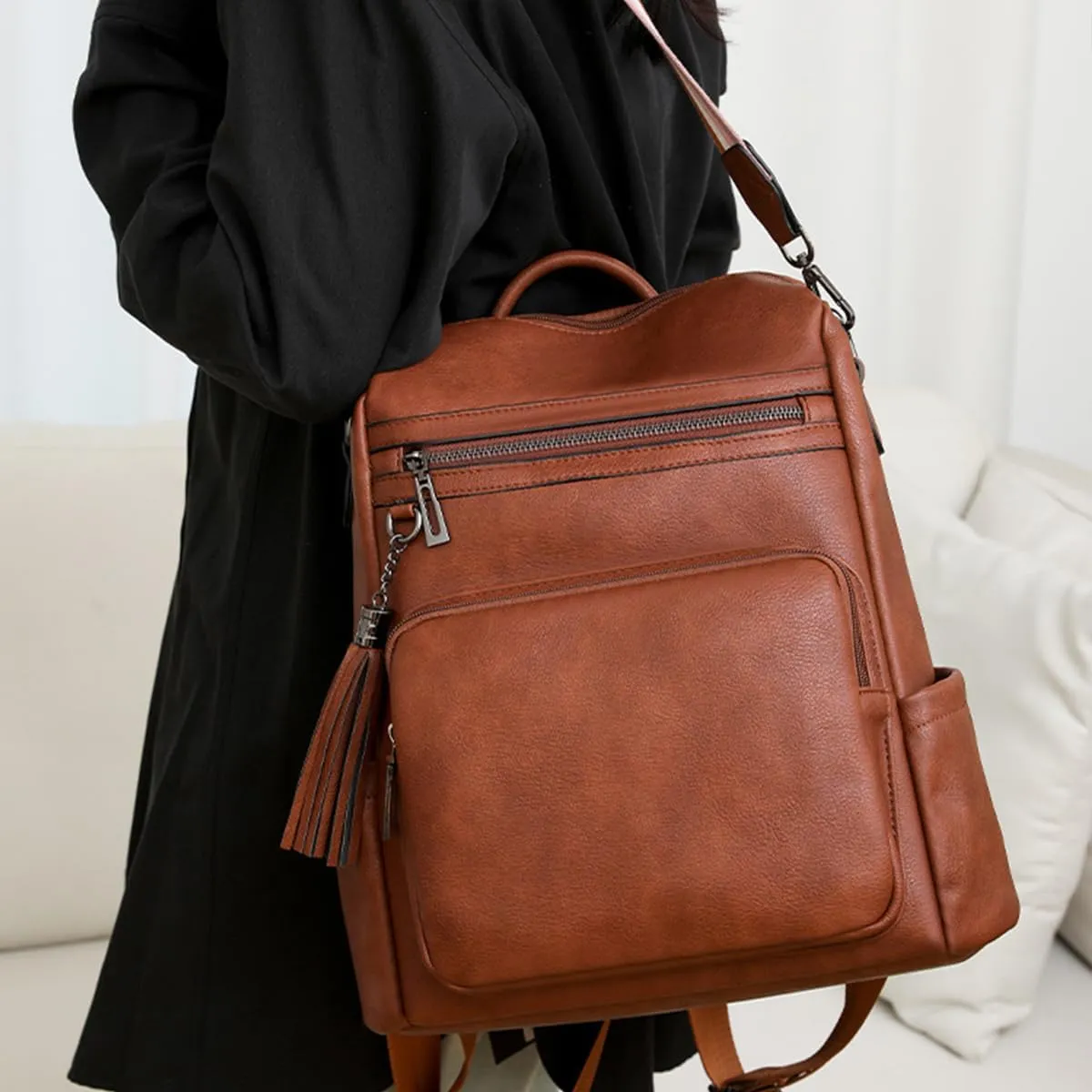 Vintage Fashion Backpack Women,Large Capacity PU Ladies Backpack Grils Casual Daypack Travel Rucksack Shoulder Bag(Reddish Brown)