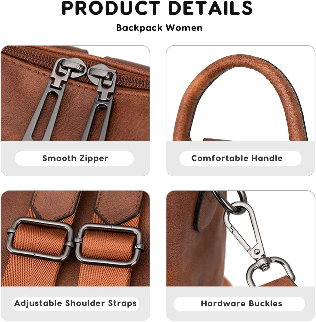 Vintage Fashion Backpack Women,Large Capacity PU Ladies Backpack Grils Casual Daypack Travel Rucksack Shoulder Bag(Reddish Brown)