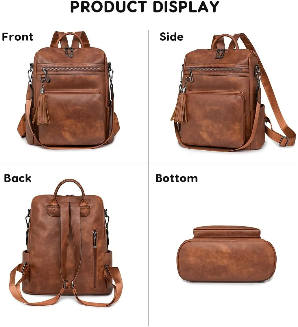Vintage Fashion Backpack Women,Large Capacity PU Ladies Backpack Grils Casual Daypack Travel Rucksack Shoulder Bag(Reddish Brown)