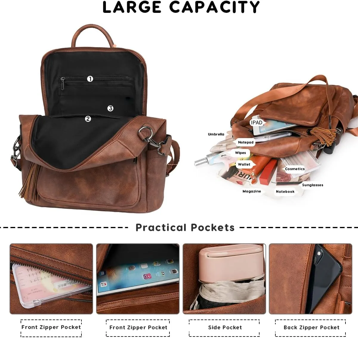 Vintage Fashion Backpack Women,Large Capacity PU Ladies Backpack Grils Casual Daypack Travel Rucksack Shoulder Bag(Reddish Brown)