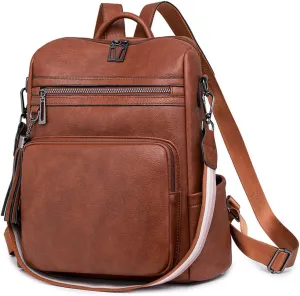 Vintage Fashion Backpack Women,Large Capacity PU Ladies Backpack Grils Casual Daypack Travel Rucksack Shoulder Bag(Reddish Brown)