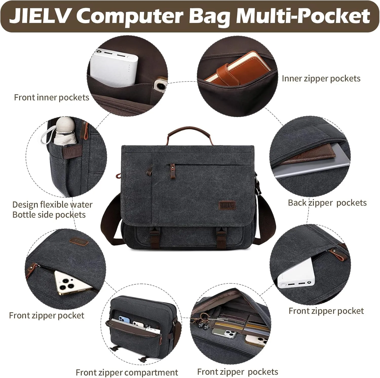 Vintage Messenger Bag 15.6 Inch Waterproof Genuine Leather Waxed Canvas Briefcase Large Leather Computer Laptop Bag
