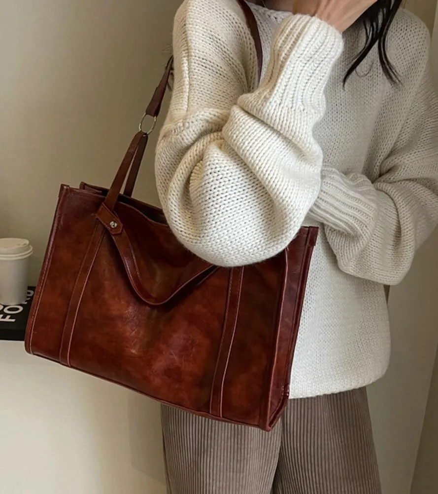 Vintage Vegan Leather Large Tote Hobo Shoulder & Crossbody Top-Handle Satchel Handbag Purse for Women's Work Style