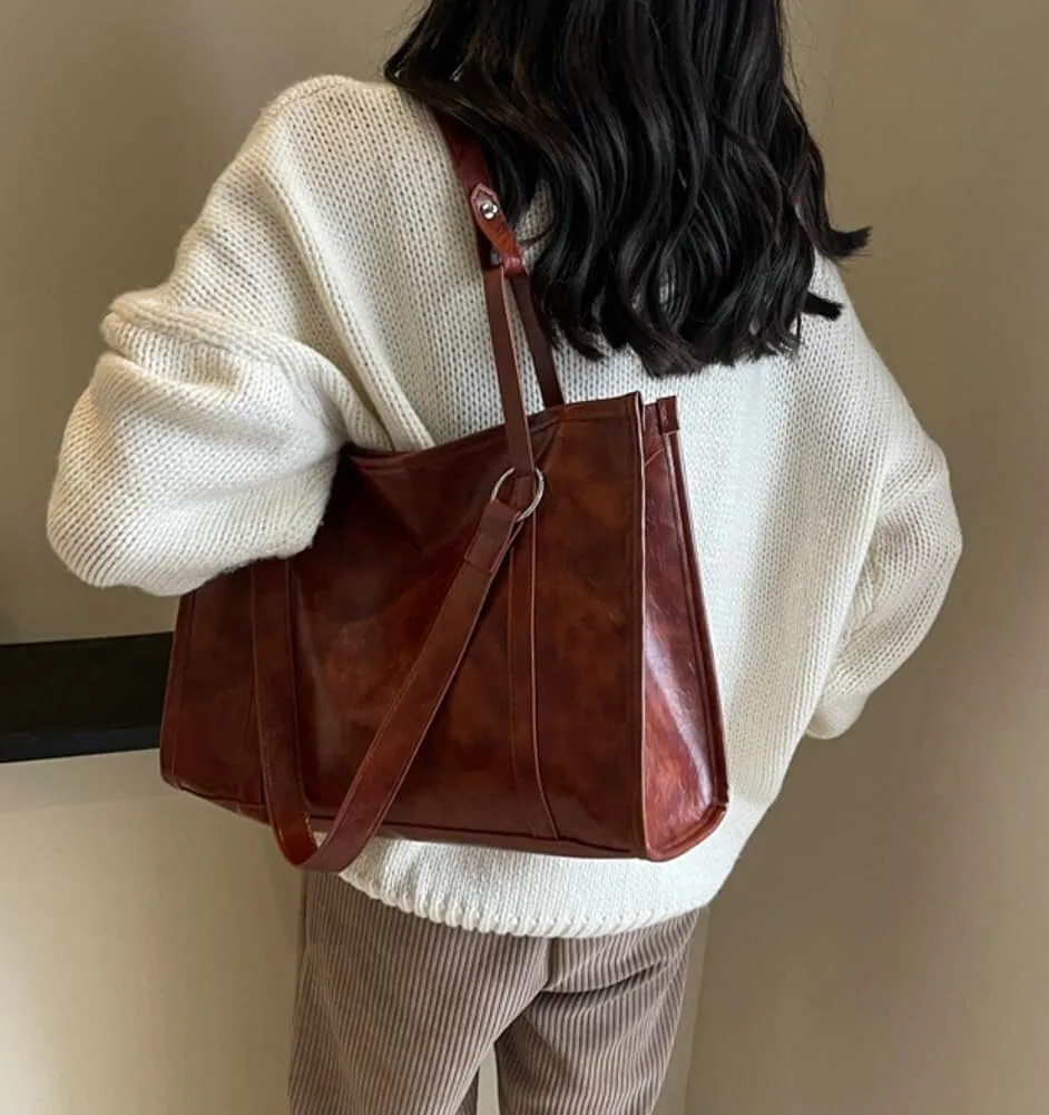 Vintage Vegan Leather Large Tote Hobo Shoulder & Crossbody Top-Handle Satchel Handbag Purse for Women's Work Style
