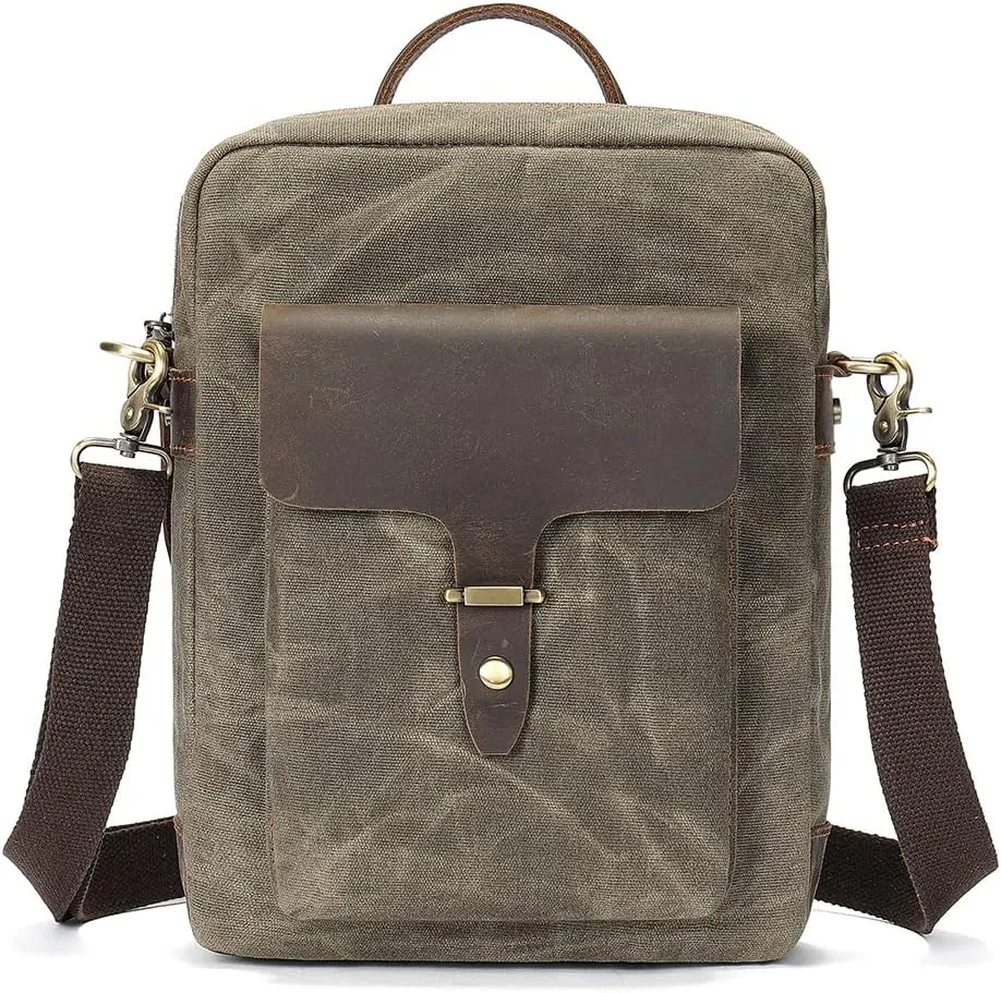 Vintage Waxed Canvas Messenger Bag for Men & Women, Lightweight Crossbody Sling Bag with Genuine Leather Work Satchel