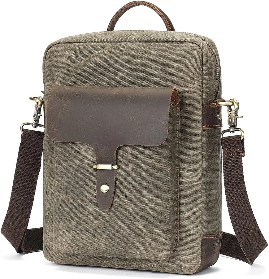 Vintage Waxed Canvas Messenger Bag for Men & Women, Lightweight Crossbody Sling Bag with Genuine Leather Work Satchel