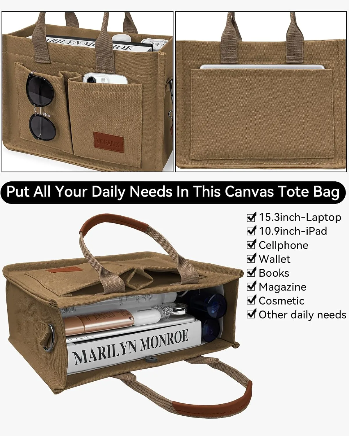 VOFANK Canvas Tote Bag for Women with Pockets Large Crossbody Bag Satchel Bag Handbag Everything Everyday Bag for Work Daily