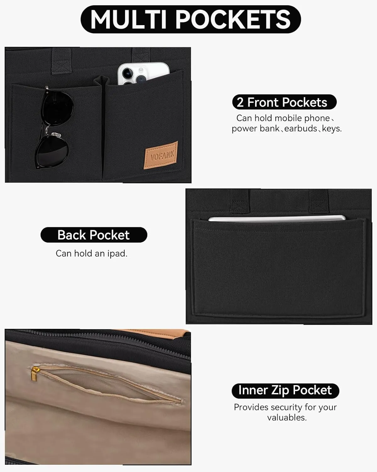 VOFANK Large Canvas Tote Bag for Women - Zipper Work Crossbody Purse Handbag Shoulder Satchel Travel Gym Everyday Bag
