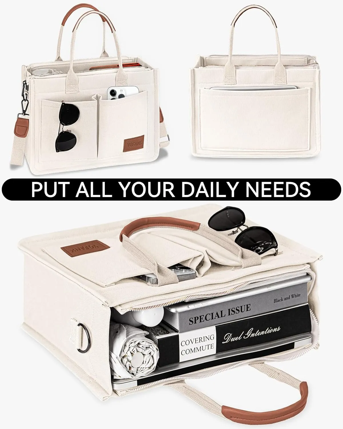 VOFANK Large Canvas Tote Bag for Women - Zipper Work Crossbody Purse Handbag Shoulder Satchel Travel Gym Everyday Bag