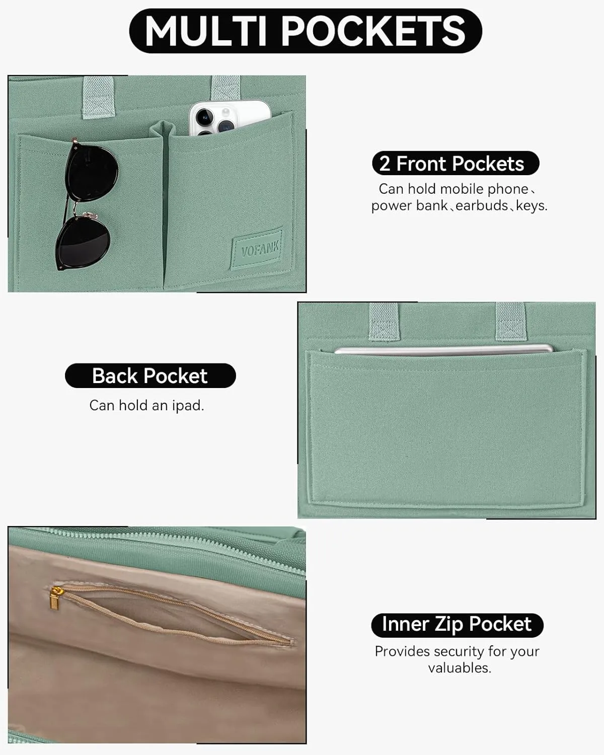 VOFANK Large Canvas Tote Bag for Women - Zipper Work Crossbody Purse Handbag Shoulder Satchel Travel Gym Everyday Bag