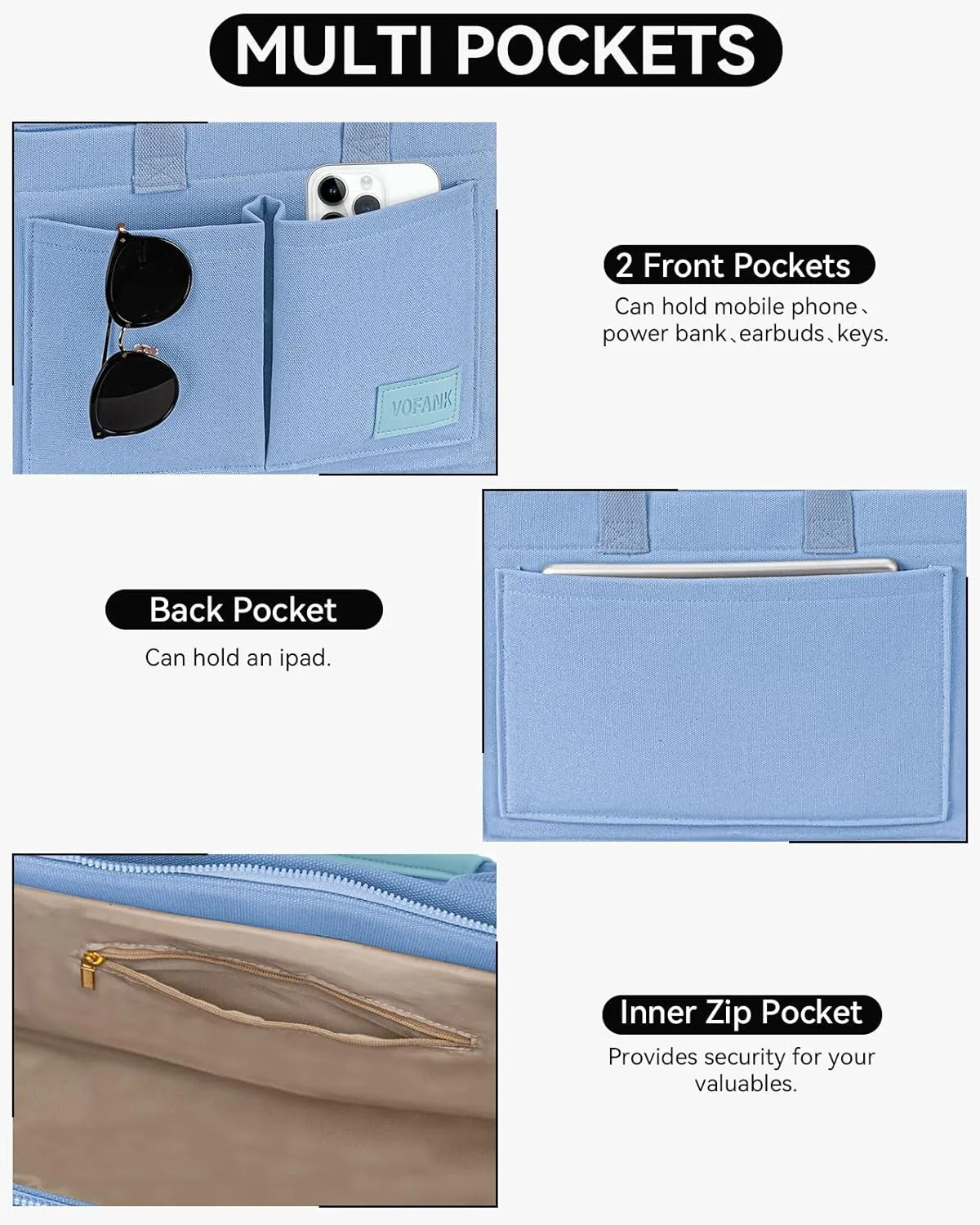 VOFANK Large Canvas Tote Bag for Women - Zipper Work Crossbody Purse Handbag Shoulder Satchel Travel Gym Everyday Bag