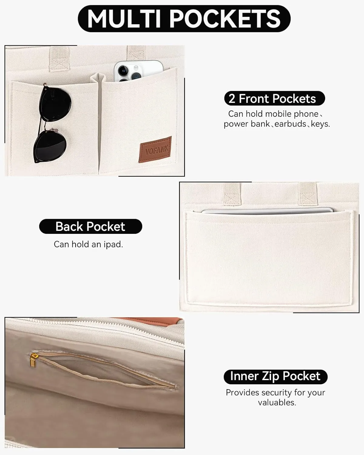 VOFANK Large Canvas Tote Bag for Women - Zipper Work Crossbody Purse Handbag Shoulder Satchel Travel Gym Everyday Bag