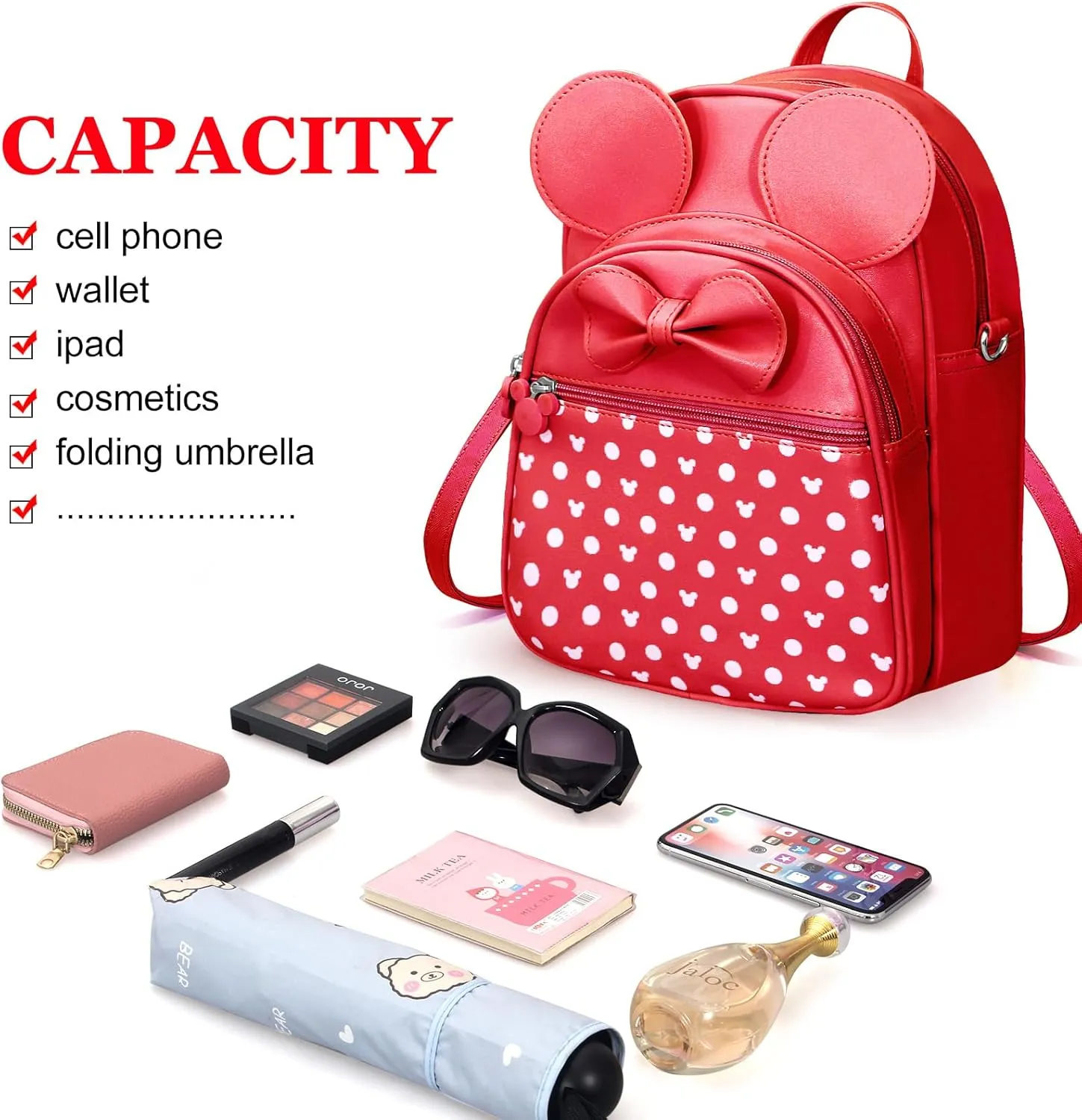 Voikukka Cute Kids Backpack for Little Girls - Mini Mouse Purse, Small Toddler Bag, Leather Travel Daypack, Polka Dot Baby Children Backpack Gift