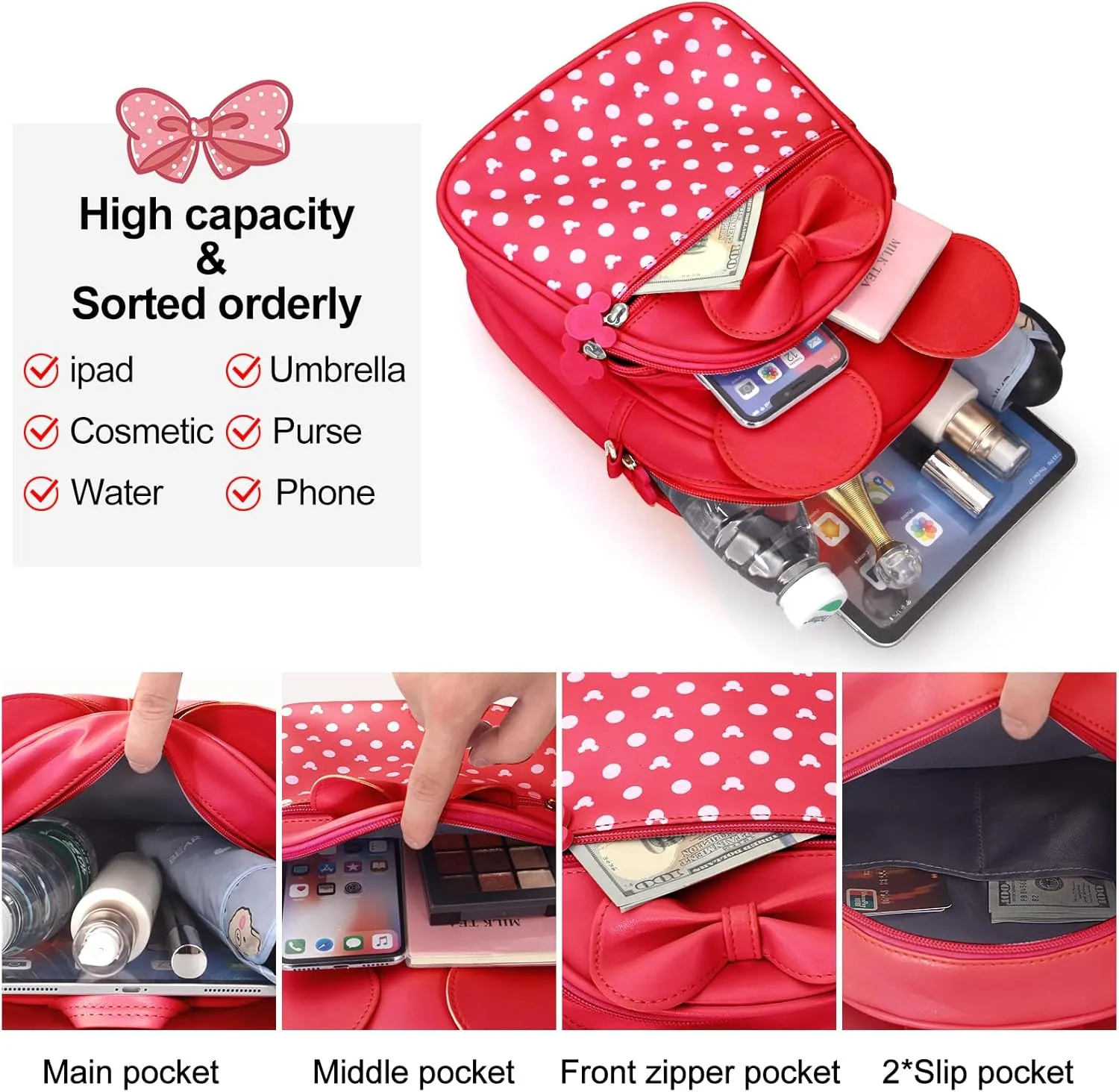 Voikukka Cute Kids Backpack for Little Girls - Mini Mouse Purse, Small Toddler Bag, Leather Travel Daypack, Polka Dot Baby Children Backpack Gift
