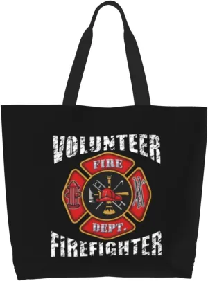 Volunteer Firefighters Canvas Tote Bags for Women, Ladies Shoulder Handbags Large Purse Lightweight Foldable Reusable Shopping Bag with Pockets for Work, Travel, 15.7x19.7in
