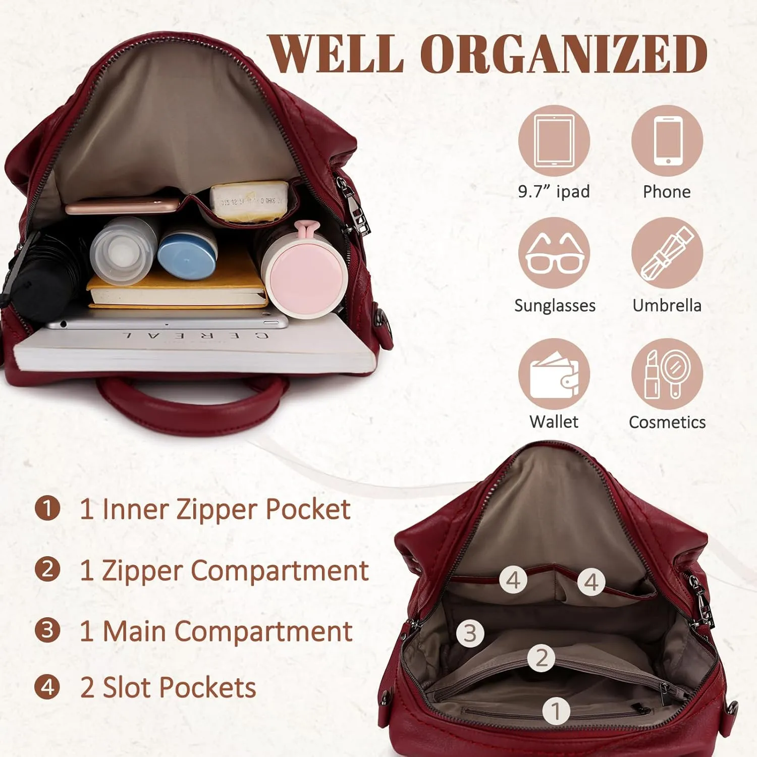 VX VONXURY Backpack Purse for Women, PU Leather Fashion Convertible Backpack Shoulder Bag Ladies Rucksack In 2 Ways To Carry