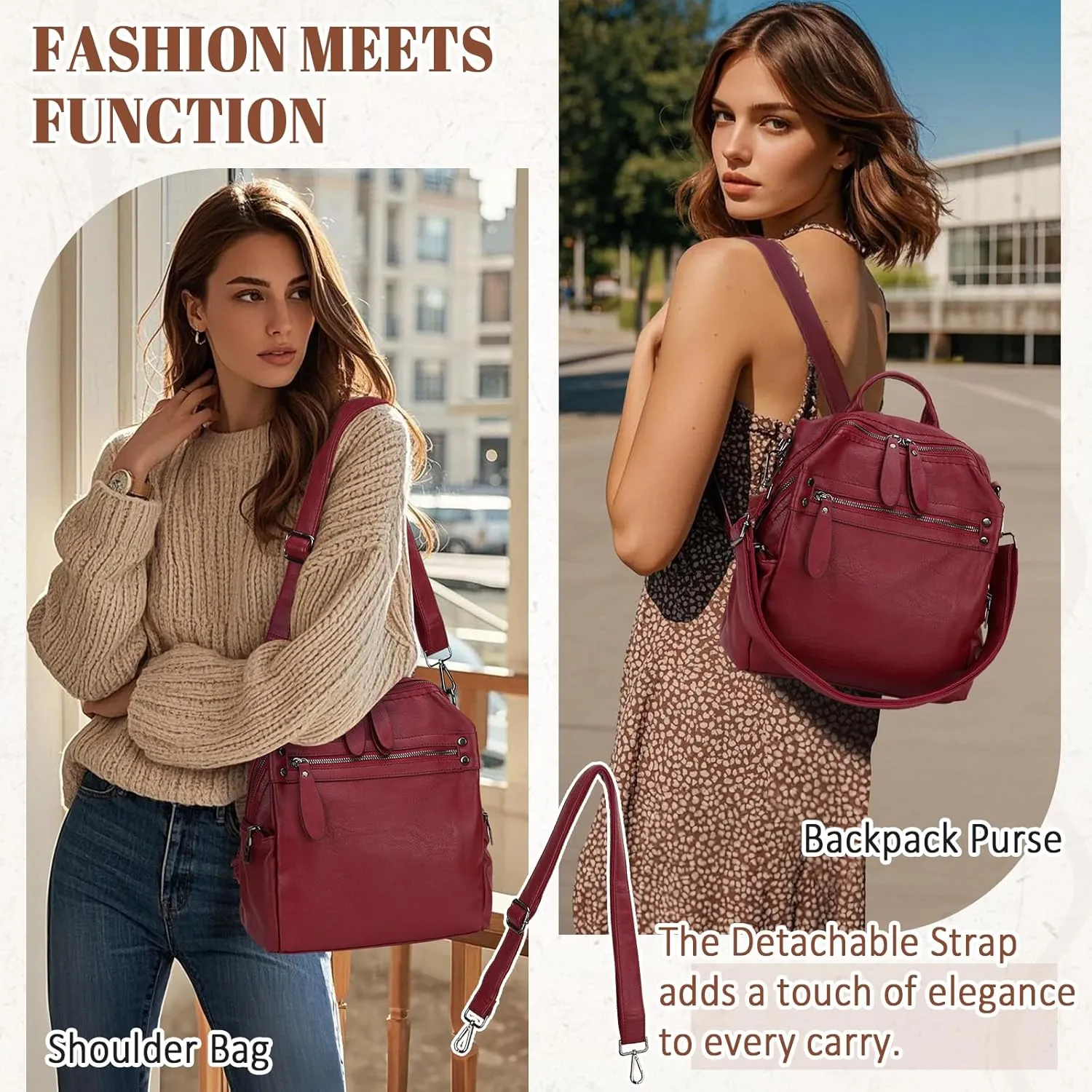 VX VONXURY Backpack Purse for Women, PU Leather Fashion Convertible Backpack Shoulder Bag Ladies Rucksack In 2 Ways To Carry