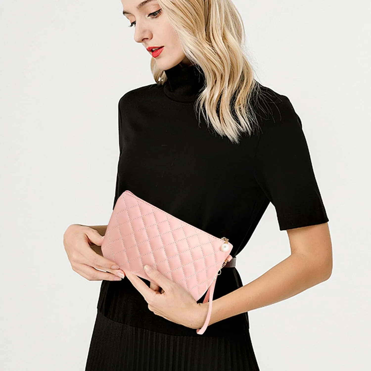 Wallet with strap wristlet purses for women Quilted Envelope Clutch Black clutch purses for women Black Evening Bag