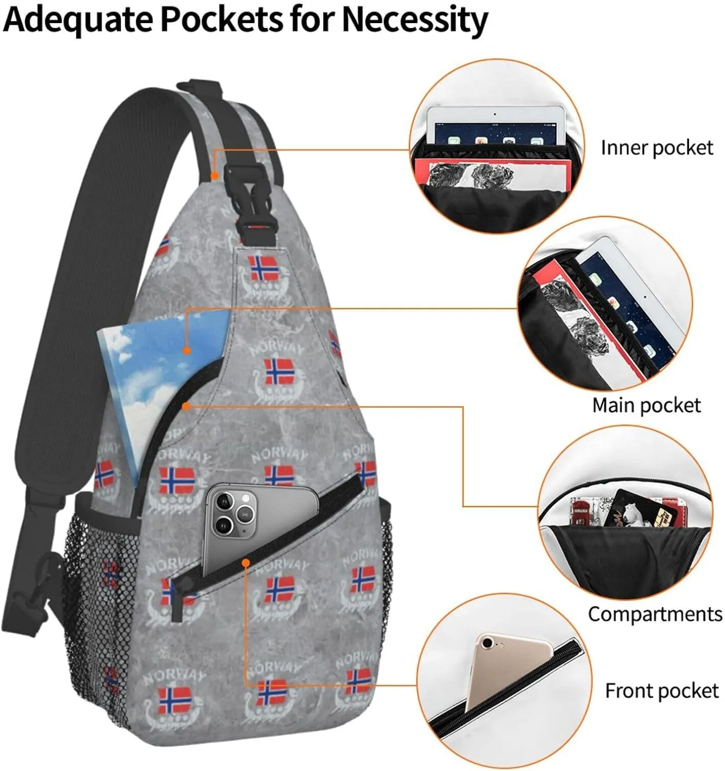 Washed Norwegian Flag Norway Dragon Boat Sling Bag Crossbody Backpack Shoulder Casual Daypack Bag for Men Women