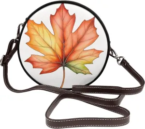 Watercolor Autumn Maple Leaf Women Round Crossbody Bags Leather Sling Bag Purse