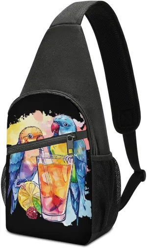 Watercolor Cocktails Birds Drining Juice Crossbody Sling Bags Chest Shoulder Backpack DayPack Handbag