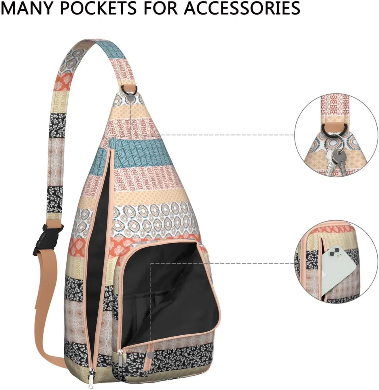 Waterproof Boho Sling Bag Backpack for Men Women Vintage Crossbody Daypack Adjustable Shoulder Chest Bag for Hiking Travel