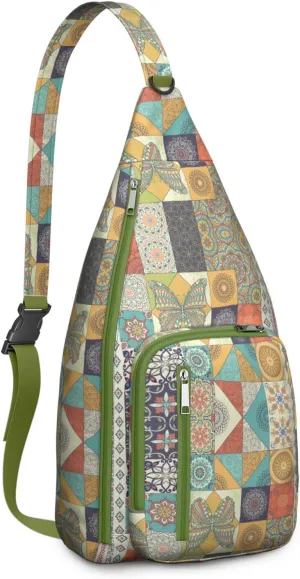 Waterproof Boho Sling Bag Backpack for Men Women Vintage Crossbody Daypack Adjustable Shoulder Chest Bag for Hiking Travel