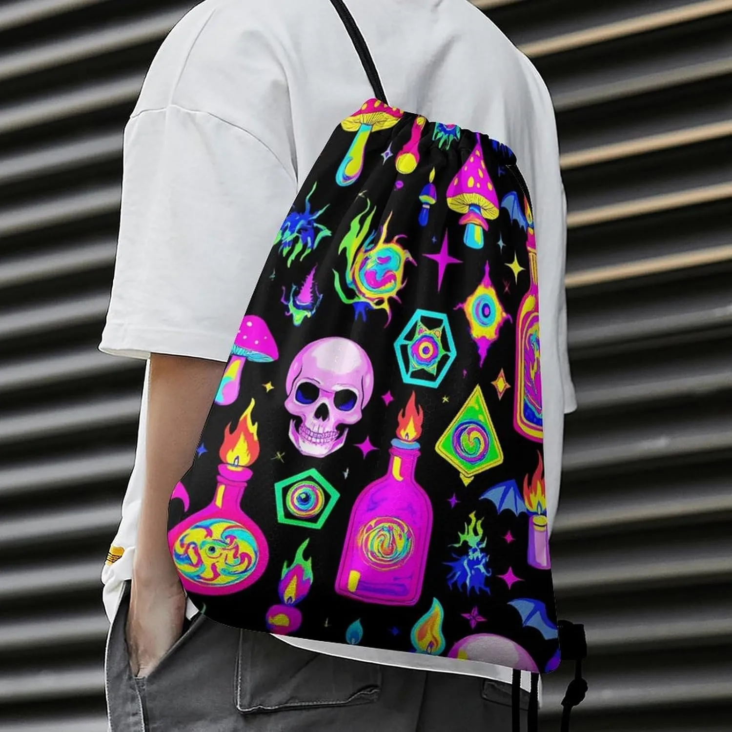 Waterproof Drawstring Bag Handbags, Goth Gothic Skull Mushroom Magic Witch Witchy Gym Bag Sackpack Sports Backpack for Men Women, Large Capacity Shoulder Bags with Strap