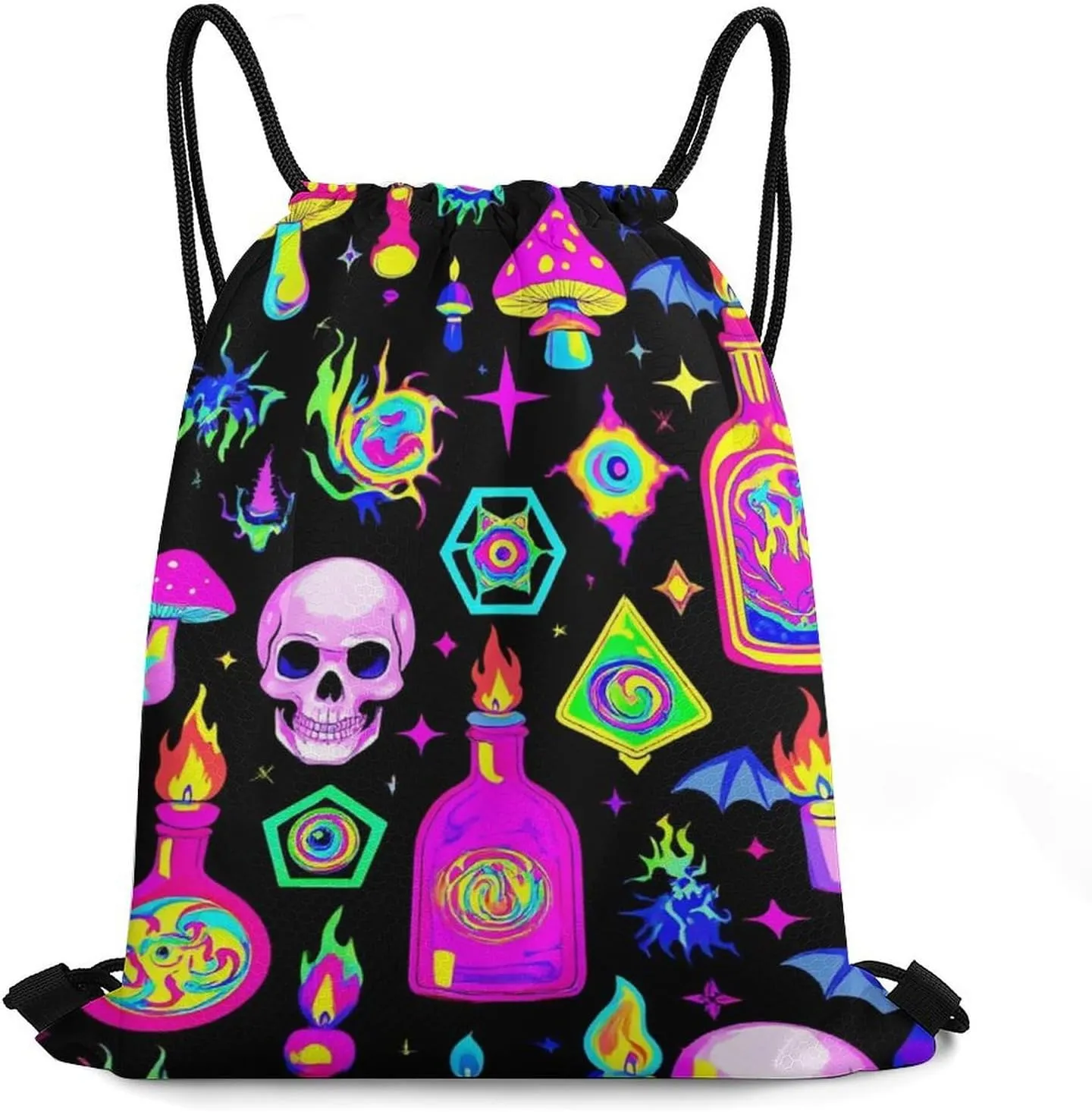 Waterproof Drawstring Bag Handbags, Goth Gothic Skull Mushroom Magic Witch Witchy Gym Bag Sackpack Sports Backpack for Men Women, Large Capacity Shoulder Bags with Strap