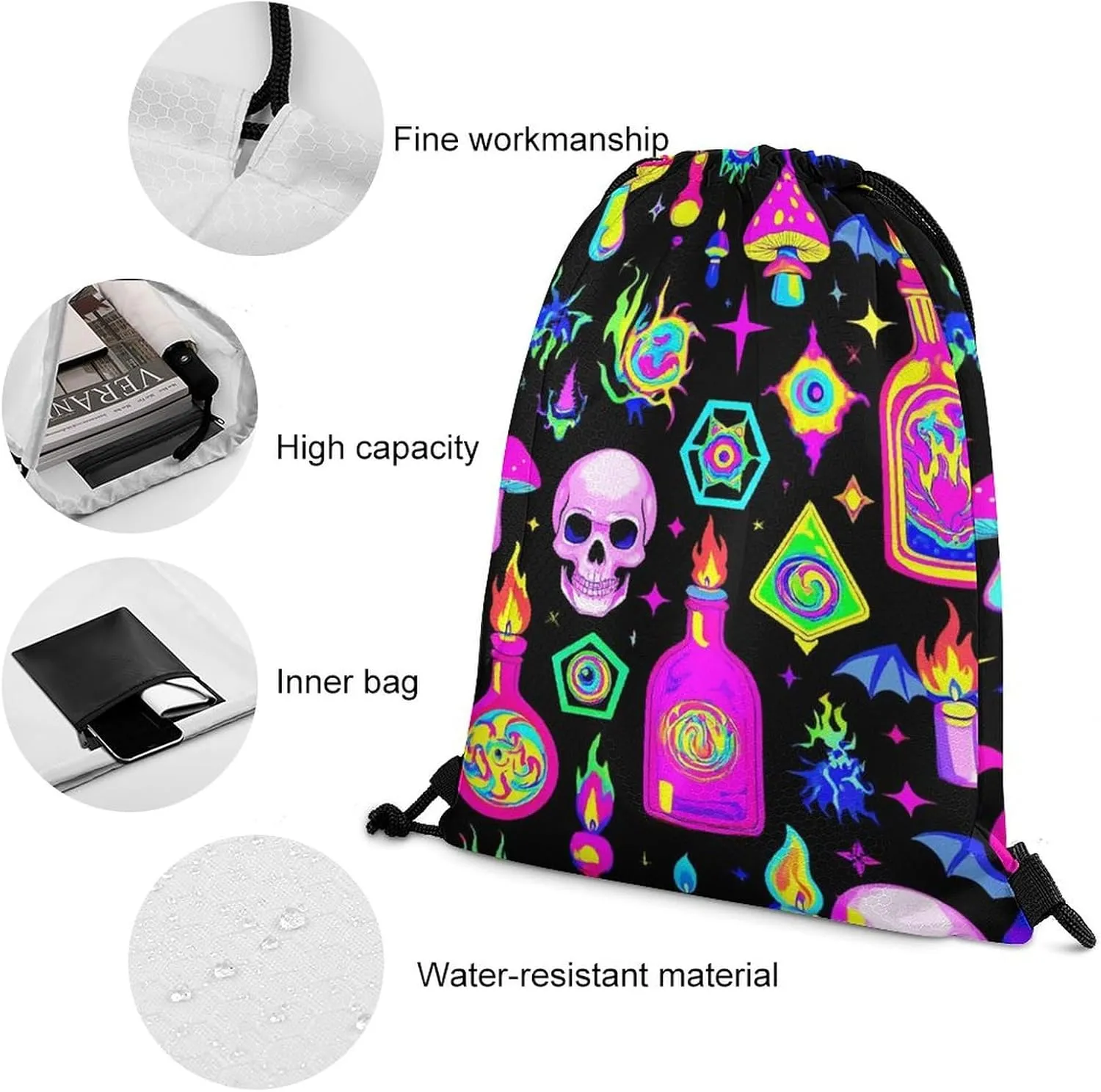 Waterproof Drawstring Bag Handbags, Goth Gothic Skull Mushroom Magic Witch Witchy Gym Bag Sackpack Sports Backpack for Men Women, Large Capacity Shoulder Bags with Strap
